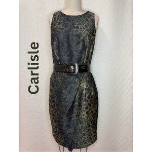 Carlisle Animal Print Sheath Dress Size 4 Metallic Gold Black Belted Chic
